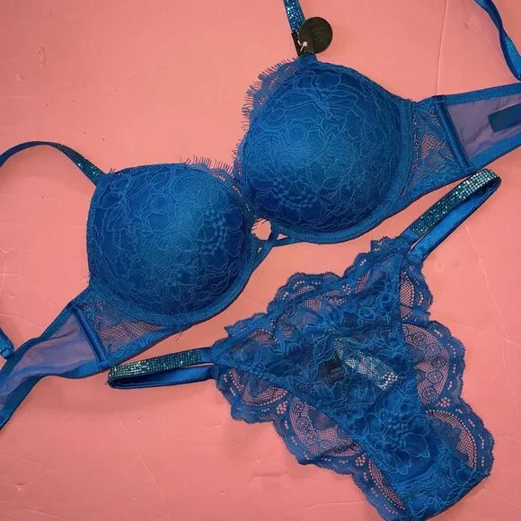 Victoria's Secret 32A,32B,32C BOMBSHELL BRA SET+GARTER NEON BLUE SHINE STRAP